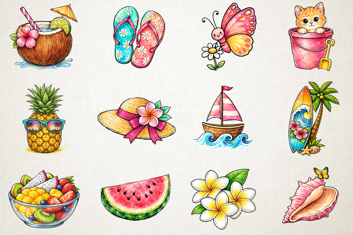 Watercolor Bright Summer Clipart Set, an Illustration by RobertsArt (Photo 2 of 5)