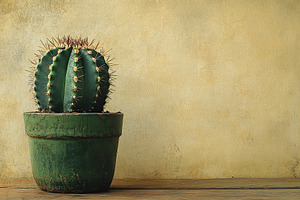 Cactus opuntia in a green pot placed on a wooden surface against a textured wal, a Nature Photo by AlyaAnd