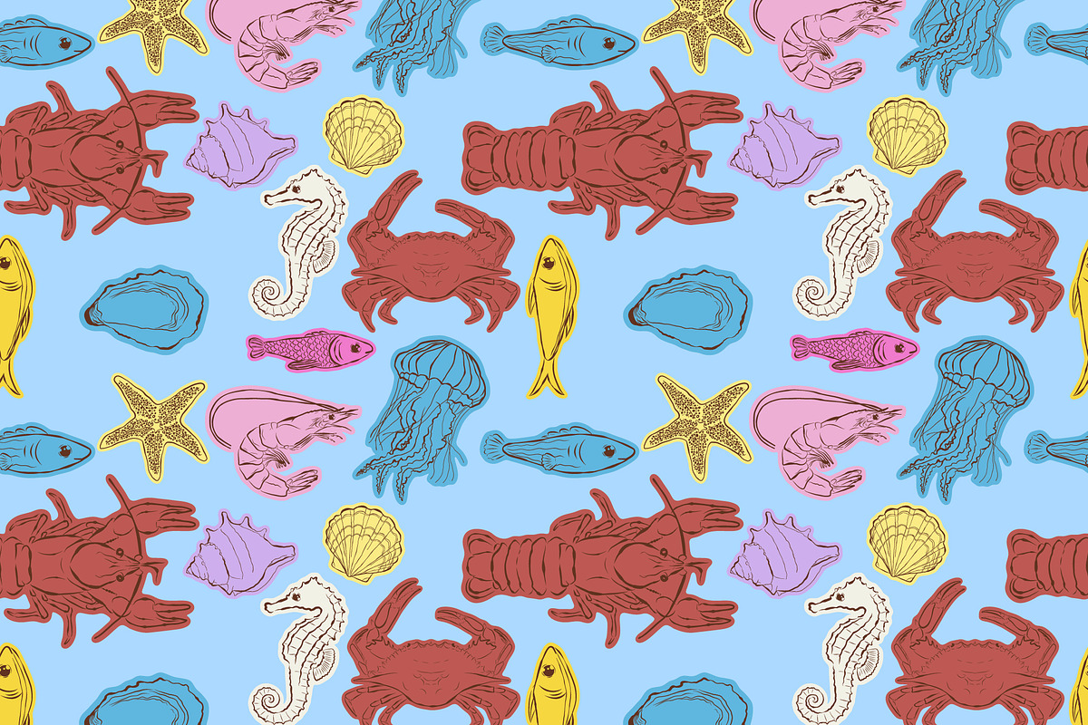 Sea creatures Seamless Patterns Set, an Animal Illustration by Eve of Art (Photo 2 of 5)