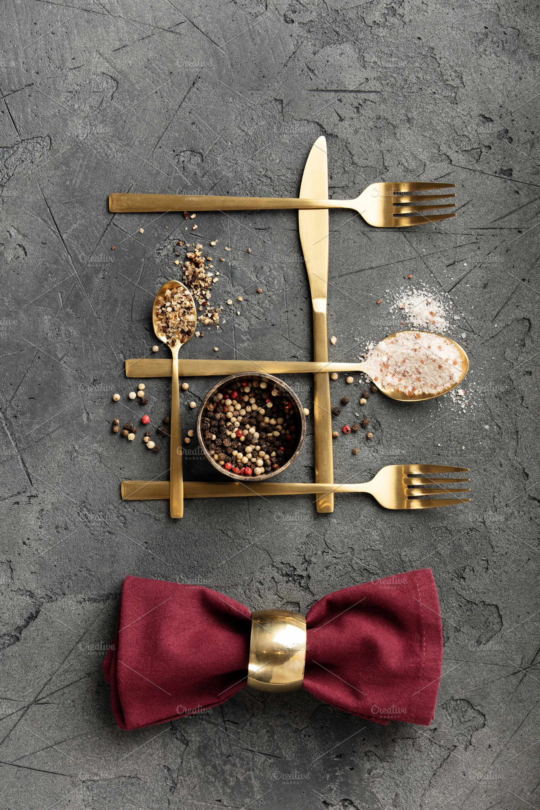 Culinary Flat-Lay Collection with Modern Gold Cutlery, Vintage U, a Food & Drink Photo by Natalia Klenova's Shop
