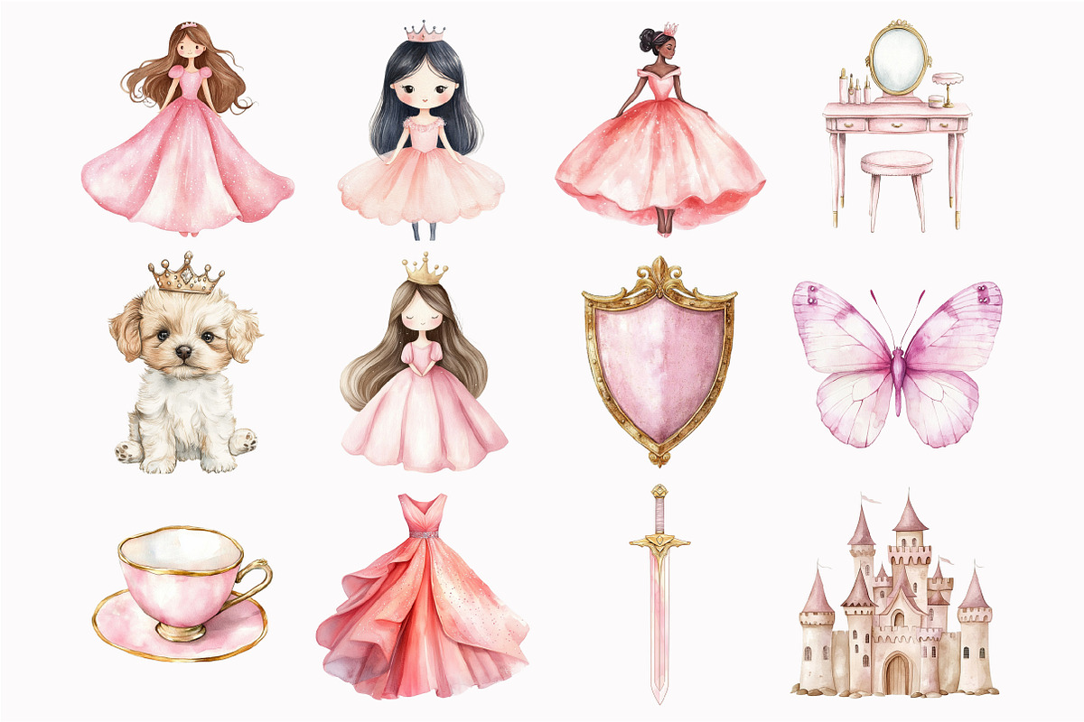 Watercolor Pink Kingdom Clipart, an Illustration by Design Market (Photo 4 of 5)