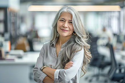 Portrait of attractive mature woman with long gray hair in business office, a Person Photo by AlyaAnd