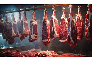 Raw meat cuts hanging in a butcher, a Food & Drink Photo by Igor Tichonow