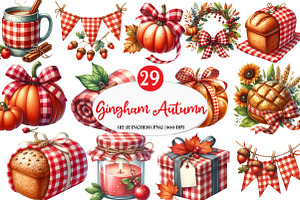 Red Gingham Autumn Clipart, an Illustration by Watercolor design
