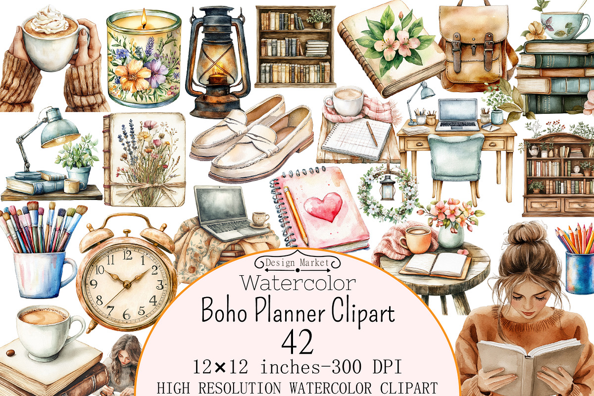 Watercolor Boho Planner Clipart, a Seasonal Illustration by Design Market (Photo 1 of 5)
