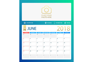 JUNE 2018, Illustration Vector Calendar Or Desk Planner, Weeks Start On Sunday