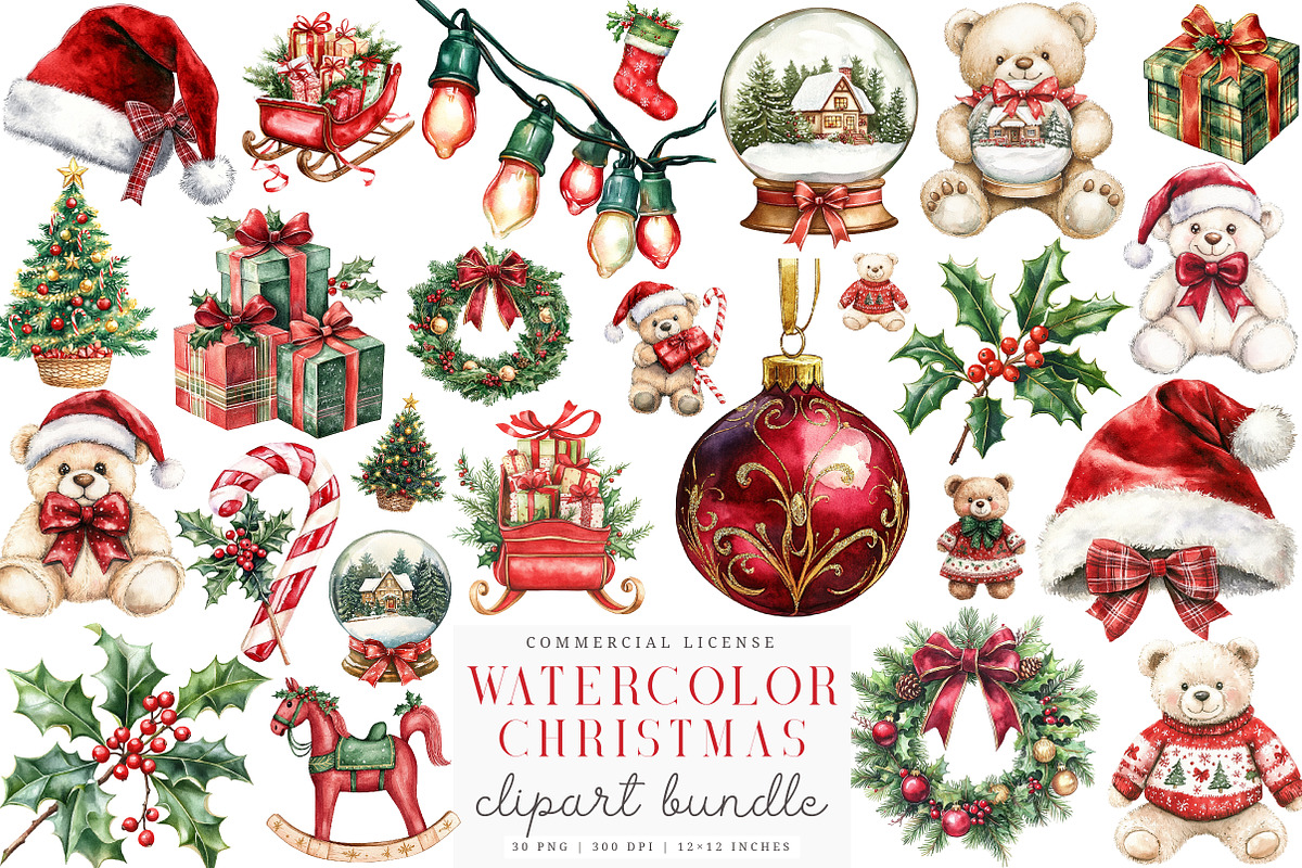 Watercolor Christmas Clipart Bundle, a Transportation Illustration by SinaCreation (Photo 1 of 6)