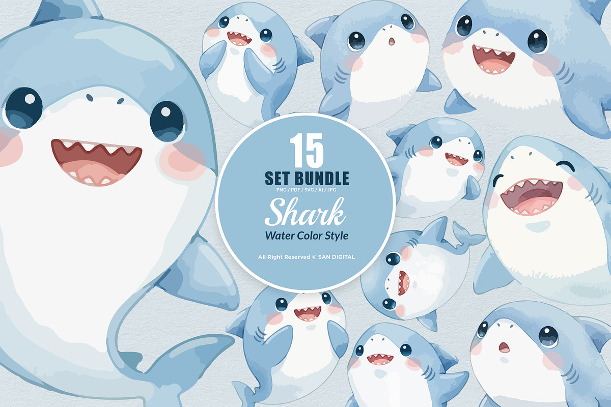 15 Bundle Watercolor Shark Ocean Sea, an Animal Illustration by Morspective (Photo 1 of 8)