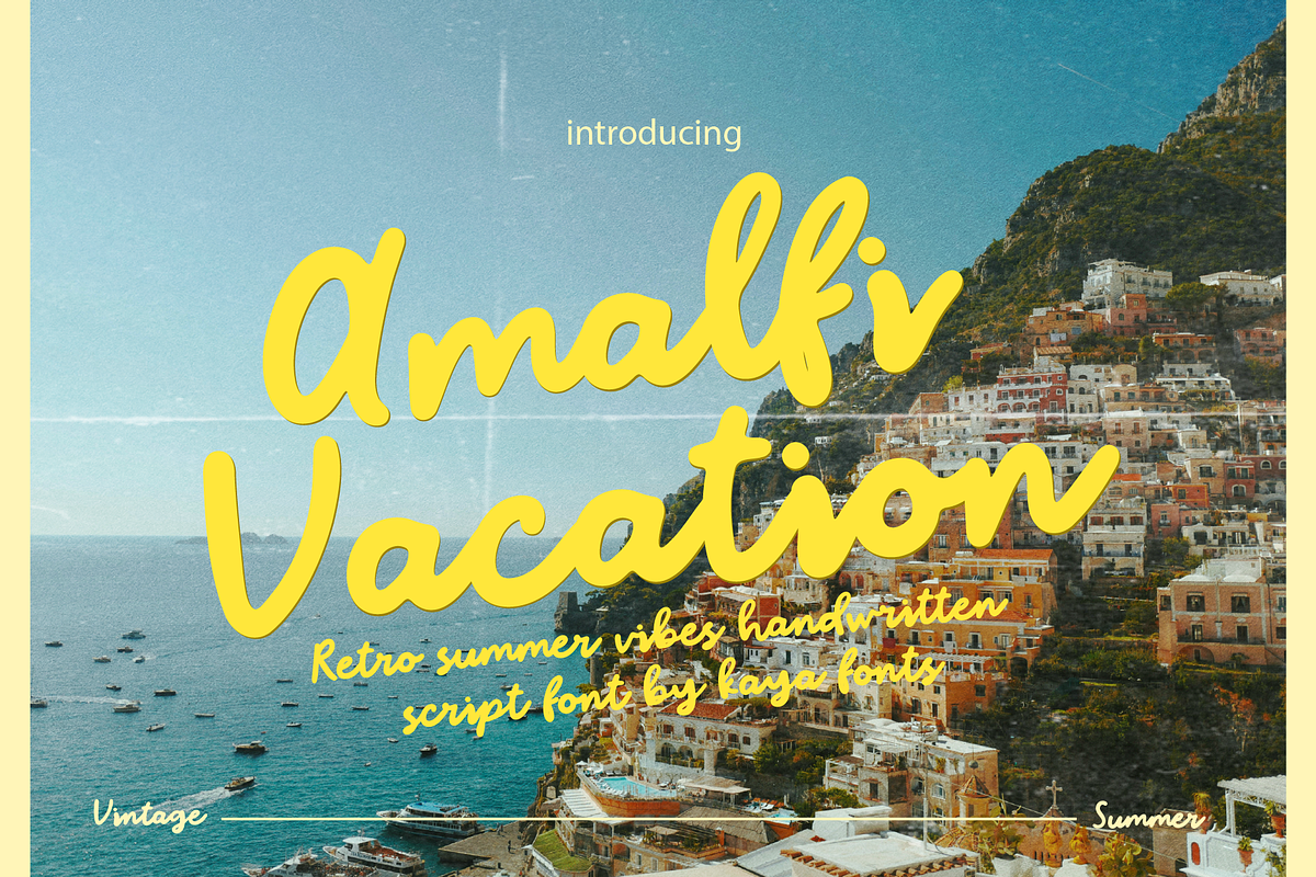 Amalfi - Coastal Summer Retro Script, a Script Font by Kaya Fonts (Photo 1 of 39)