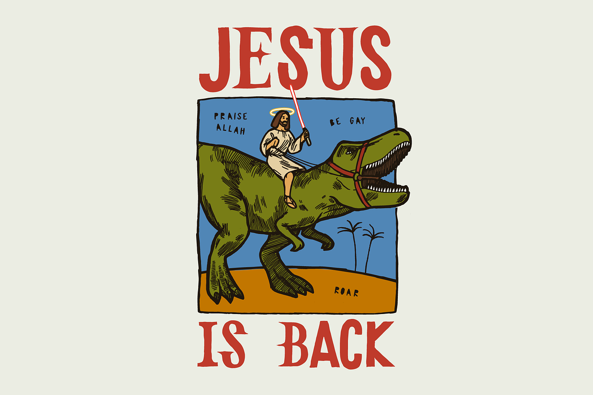 Jesus is back riding t-rex, an Illustration by hand draw (Photo 1 of 3)