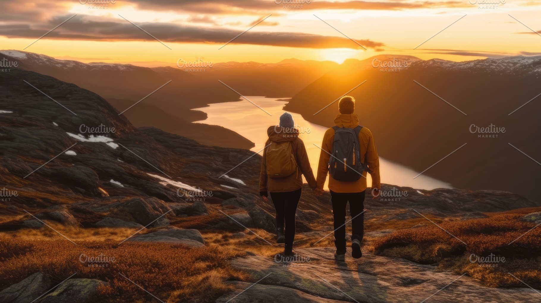 Couple Holding Hands While Hiking During Sunset in Mountainous Landscape, a Photo by AS photostudio