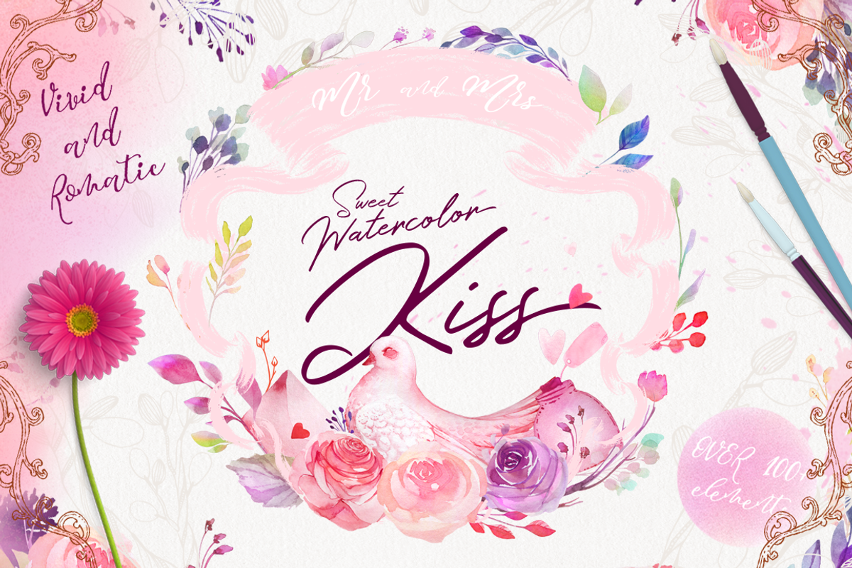 Watercolor Kiss - Romantic Clipart, a Decorative Illustration by Gluiki (Photo 1 of 4)