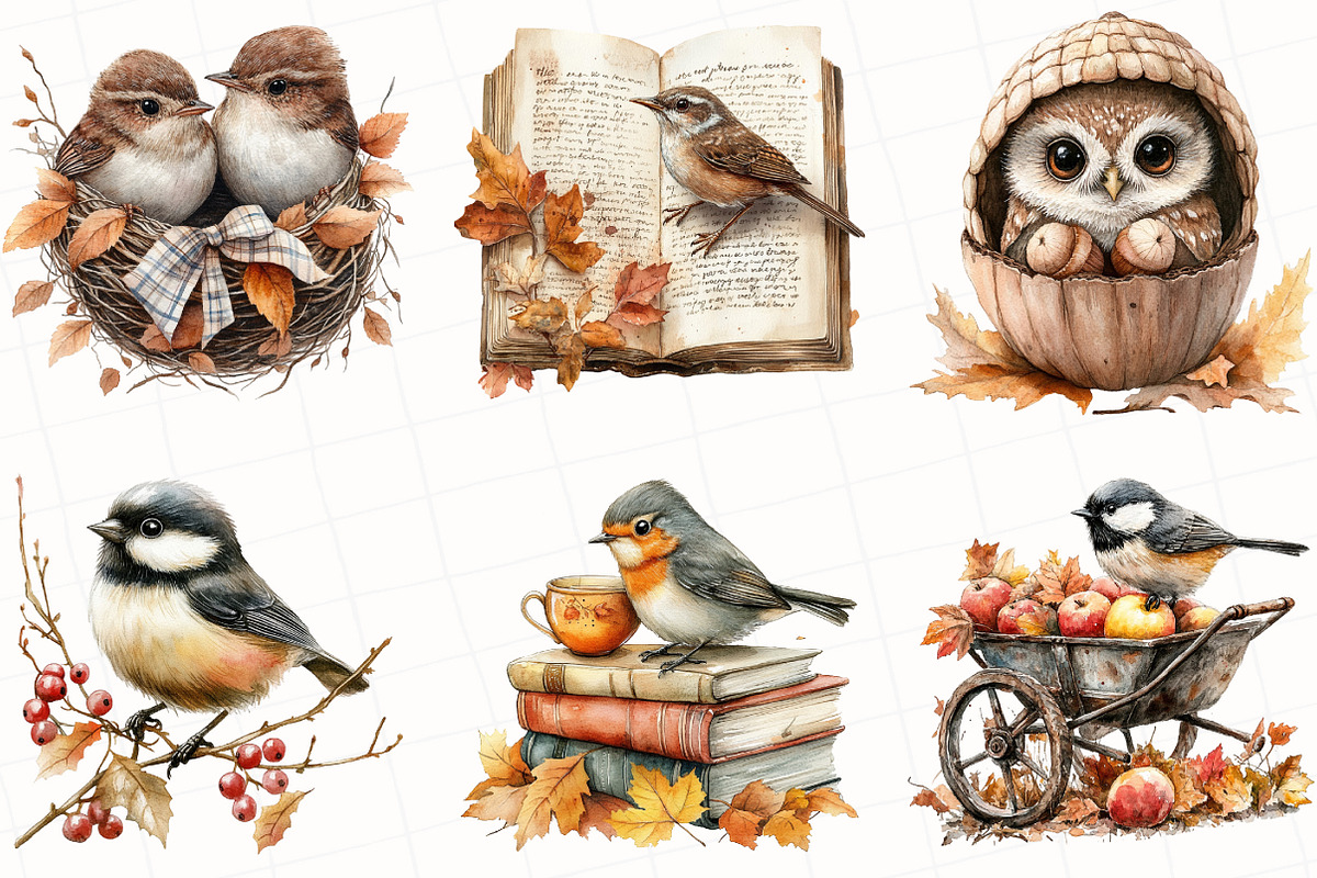 Watercolor Autumn Birds Clipart, an Illustration by OK Design (Photo 3 of 5)