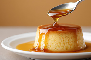 Close up on a creamy flan dessert, a Food & Drink Photo by MistyDay