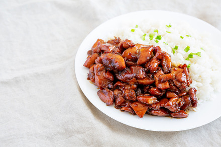 Homemade Teriyaki Chicken with White Rice on A Plate, side view., a Food & Drink Photo by LiudmylaChuhunova