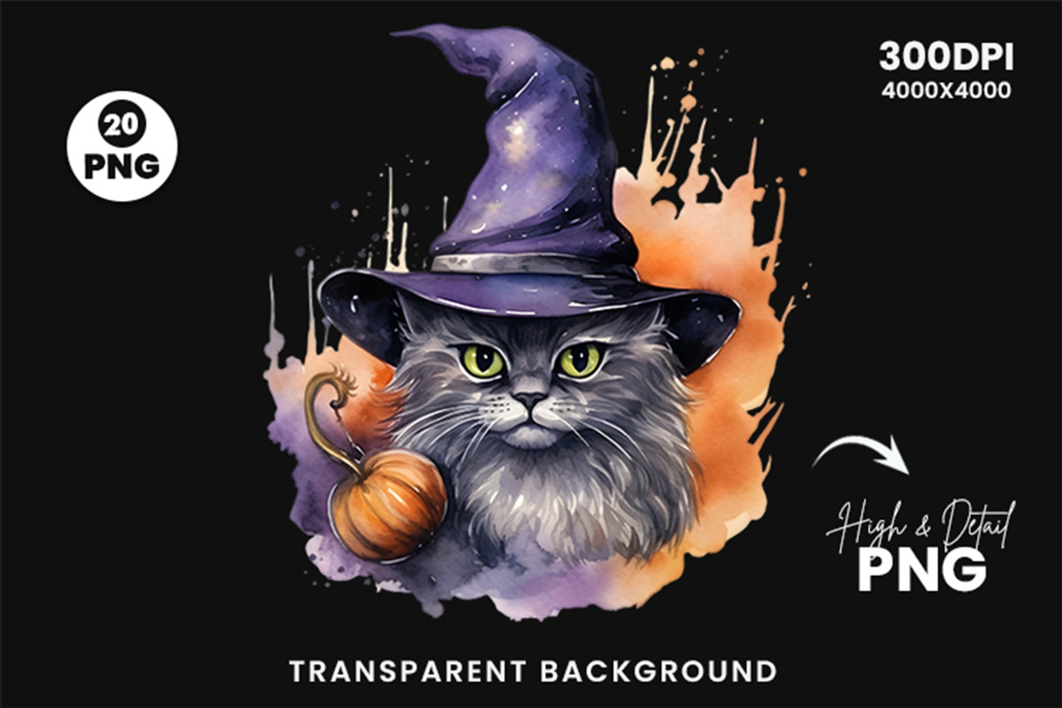 Watercolor Halloween Cat PNG Bundle, a Seasonal Illustration by Creative Arslan (Photo 6 of 7)