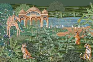 Mughal Pichwai Forest Garden Art, a Decorative Illustration by Mughal Wallpaper