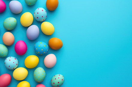 Colorful easter eggs on blue background, a Holiday Photo by AlyaAnd
