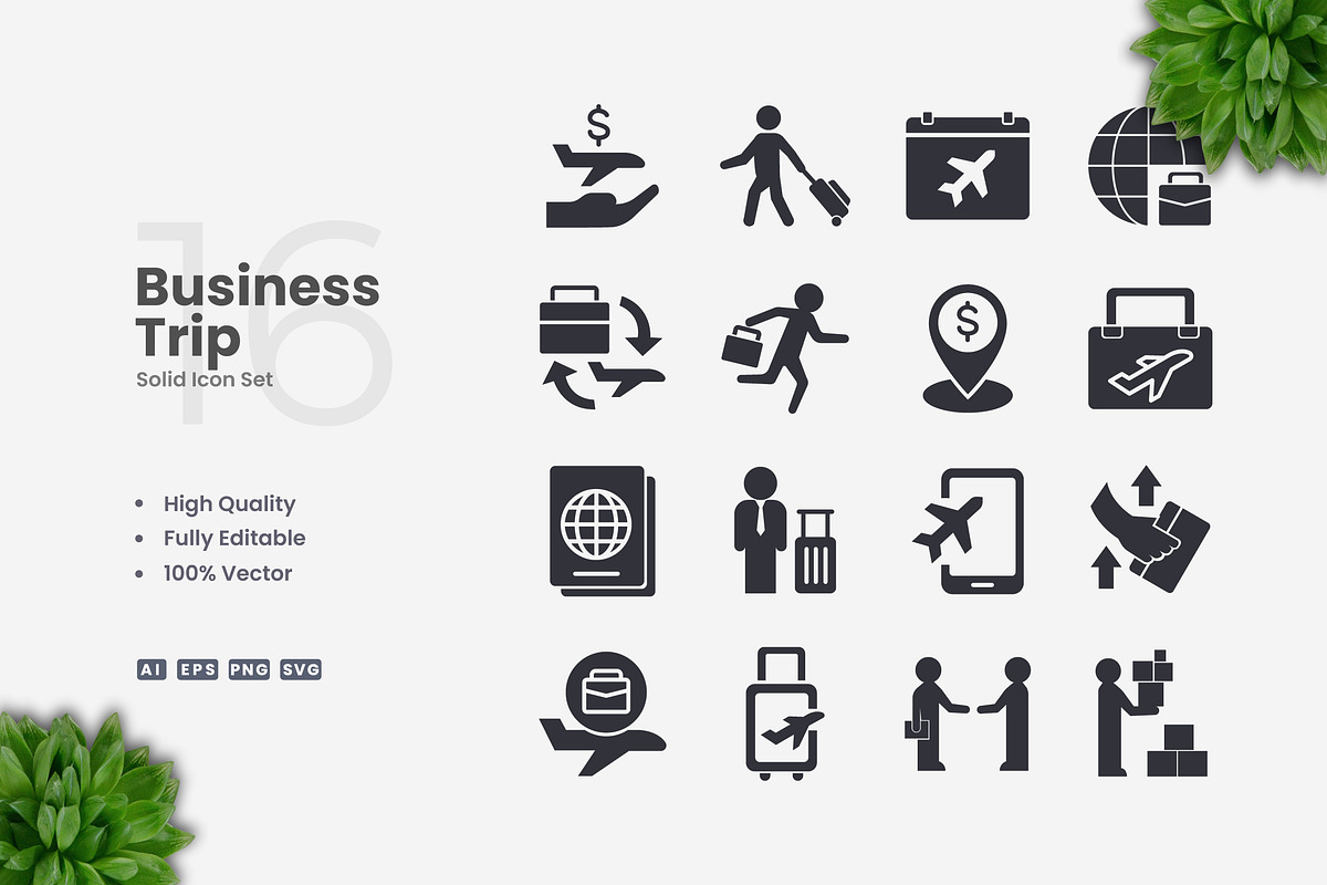 Business Trip Solid Icons, an Icon by Upnowgraphic