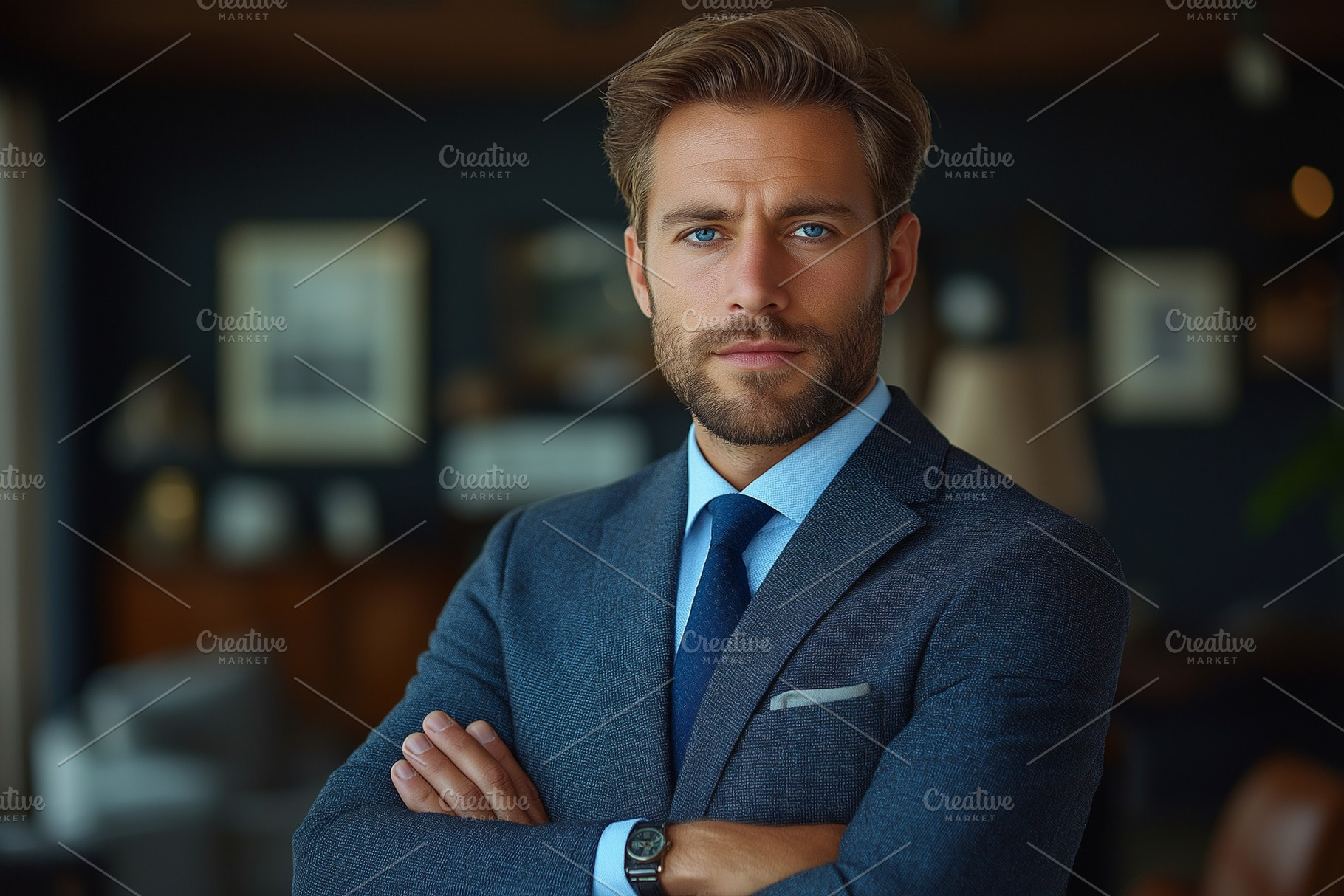 Confident young Caucasian man in a tailored suit poses professionally with a se, a Person Photo by ImageMir