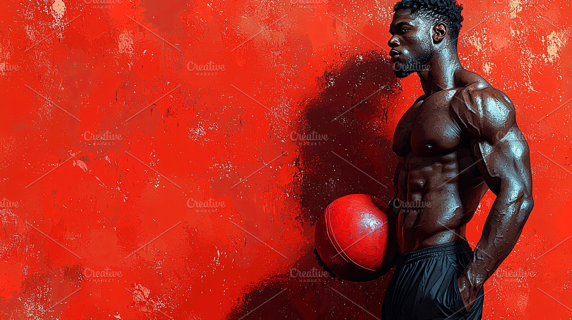 Muscular man holding a red ball against an artistic textured red background, a Photo by AS photostudio