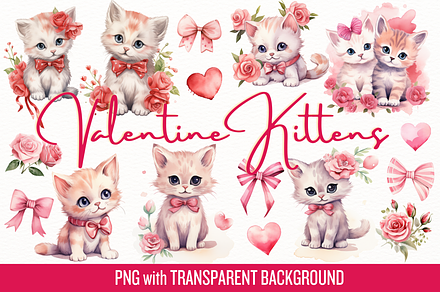 Valentine Kittens Watercolor Clipart, an Illustration by Whimsy & Wishes