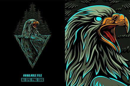 Eagle With Pine Tree Vector, an Animal Illustration by ImoogiStudio