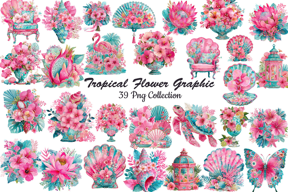 Pink Tropical Flower Graphic Clipart, an Object Illustration by DreamCafeArt (Photo 1 of 6)