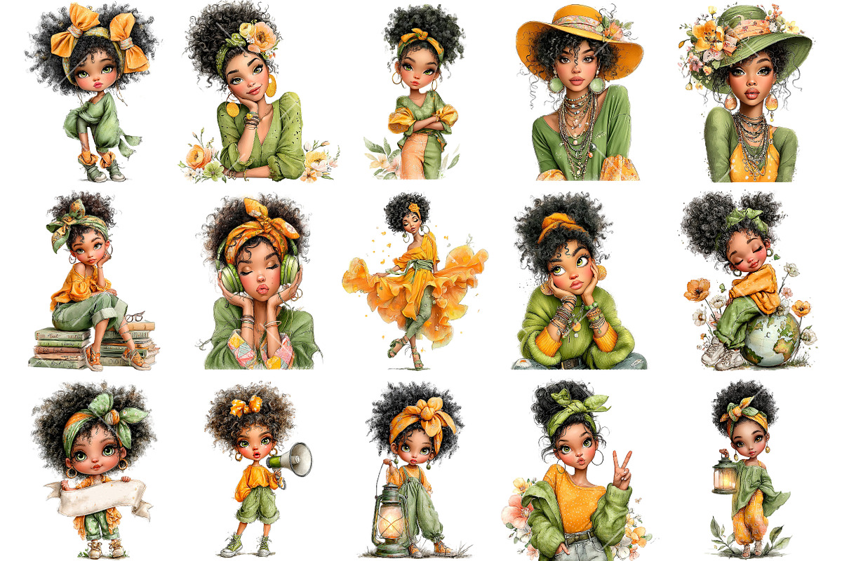 Whimsical Black Afro Girl Clipart, an Illustration by OK Design (Photo 3 of 6)