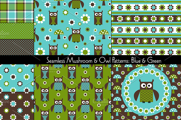 Mushroom & Owl Patterns Blue/Green preview 6