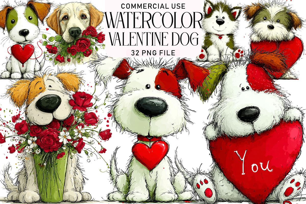 Watercolor Valentine Dog Clipart, an Illustration by Daily.Designs (Photo 1 of 5)