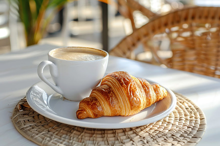 Cup of coffee and croissant on table in cafe with sunlights, a Food & Drink Photo by AlyaAnd