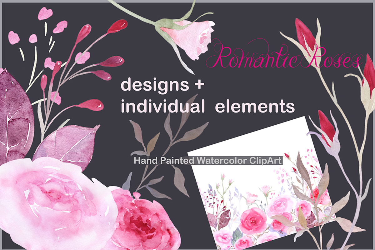 Watercolor Clipart Romantic Roses, a Decorative Illustration by AqwaColor (Photo 1 of 5)