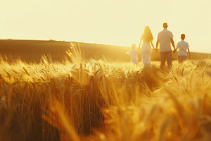 Back view of family on golden wheat field, a Nature Photo by AlyaAnd