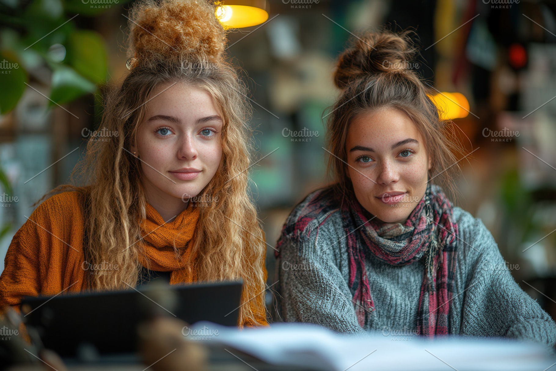 Two young women enjoying a cozy work, a Photo by Tanuart