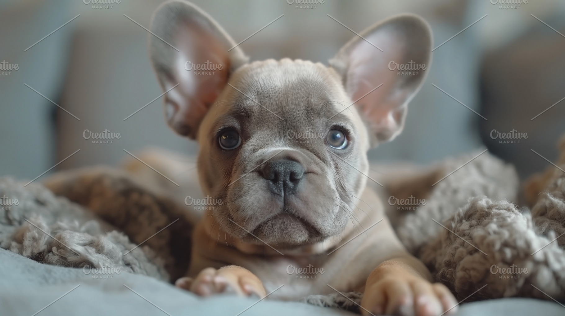 Adorable young French Bulldog with big ears lounging on a cozy blanket., an Animal Photo by ImageMir