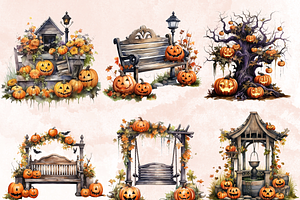 Watercolor Halloween Garden Clipart