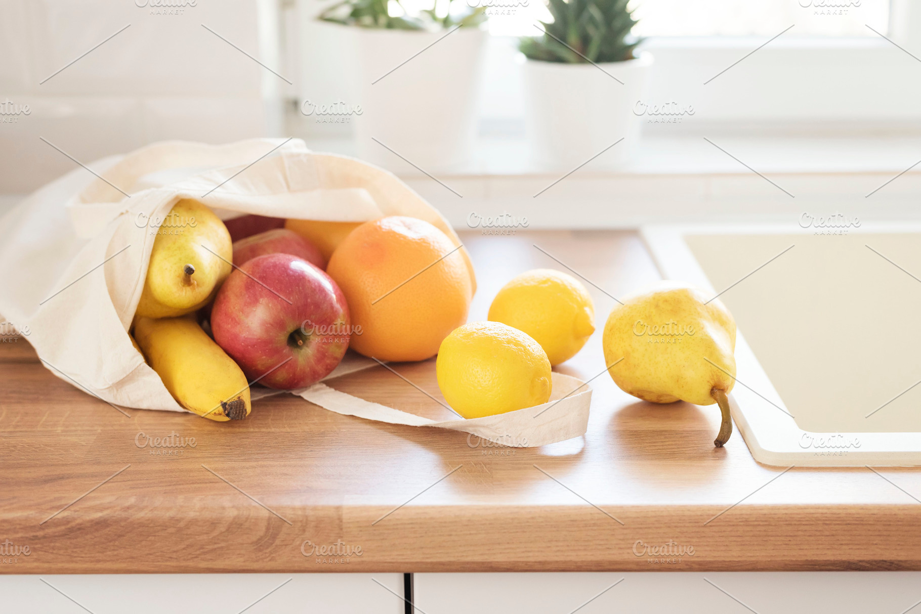 Textile tote bag filled with fruits stock photo containing textile and filled, a Food & Drink Photo by MONNKA