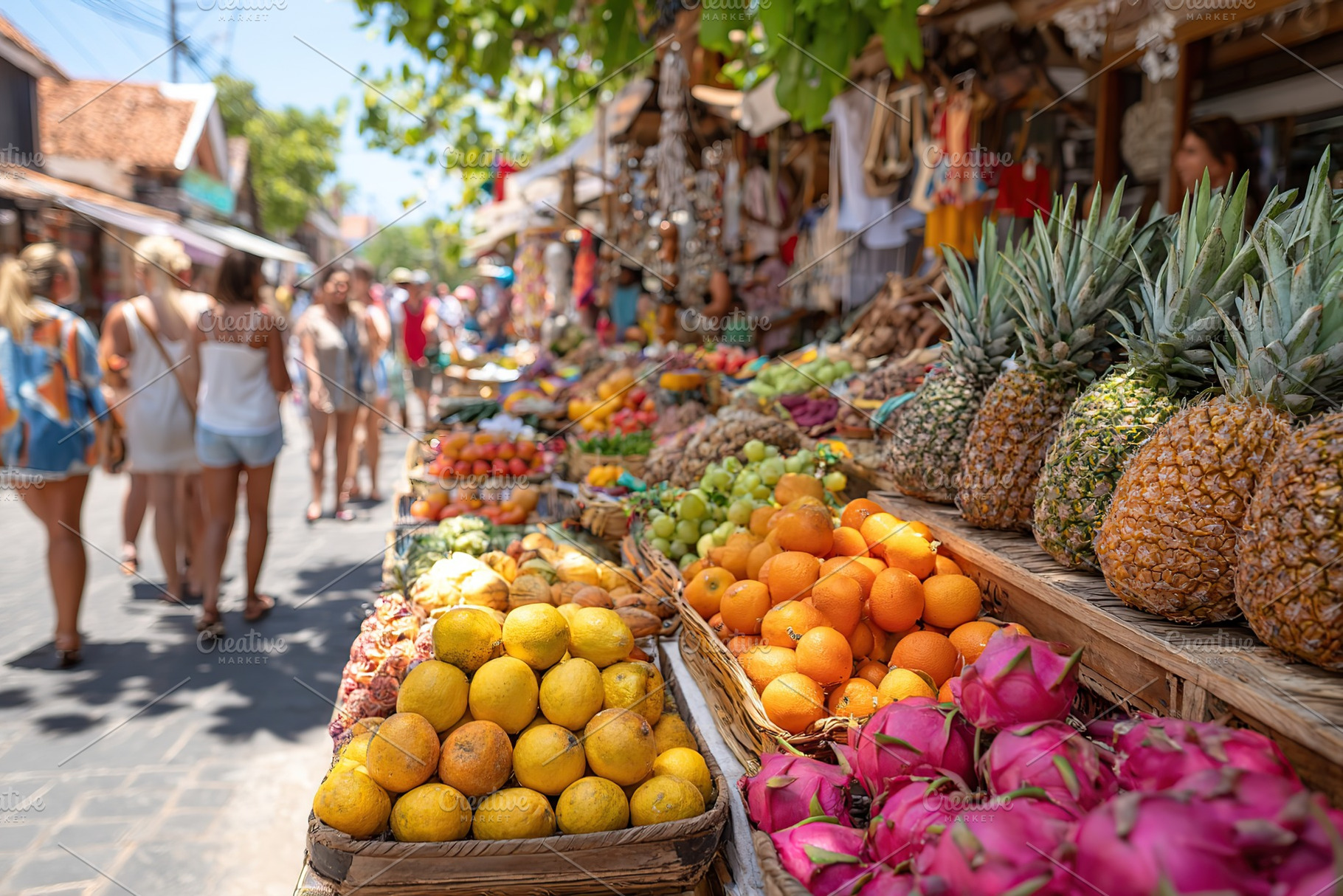 Vibrant street market bustling with colorful tropical fruits in a sunny locatio, a Food & Drink Photo by AlyaAnd
