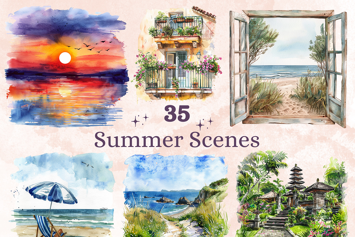 Watercolor Cozy Summer Scenes Set, an Illustration by GiraffeCreative (Photo 1 of 9)
