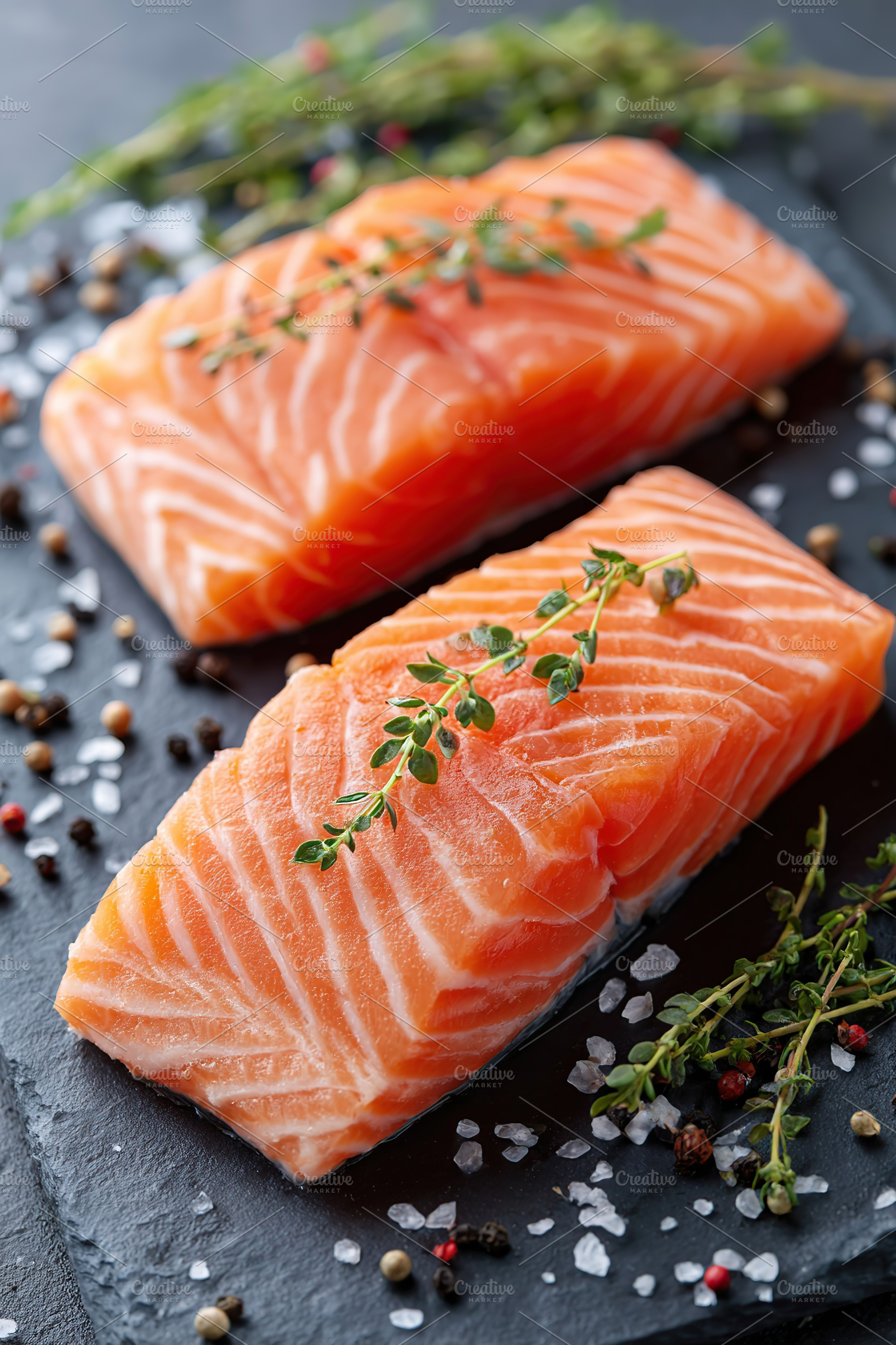 Thick salmon fillets with marbling on a slate platter garnished with herbs, a Food & Drink Photo by AlyaAnd