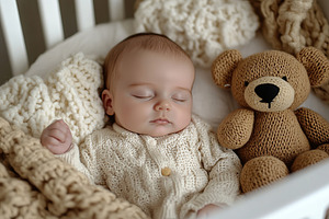 Newborn child in co-sleeper crib sleeping with his bear toy, a Person Photo by AlyaAnd