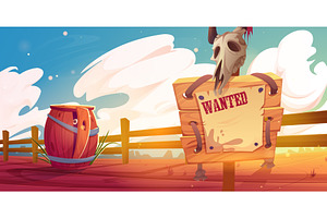 Cartoon Western Scene With Wanted