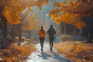 Joggers enjoy a scenic autumn run th, a Photo by Tanuart
