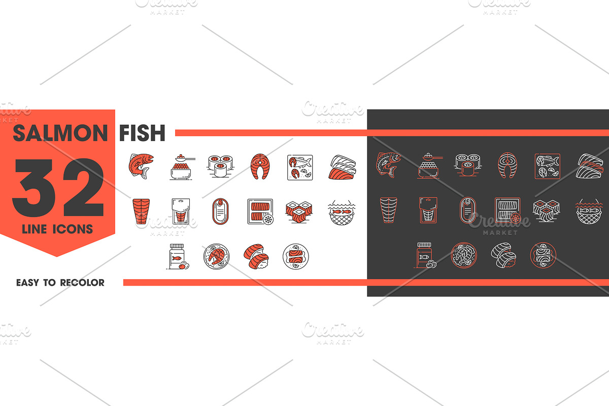 Salmon fish and meat line icons, a Food Illustration by Vector Tradition