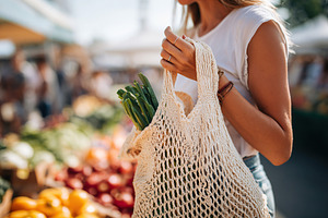 Using a reusable cotton bag to shop for fresh produce at the local market, a Photo by AlyaAnd