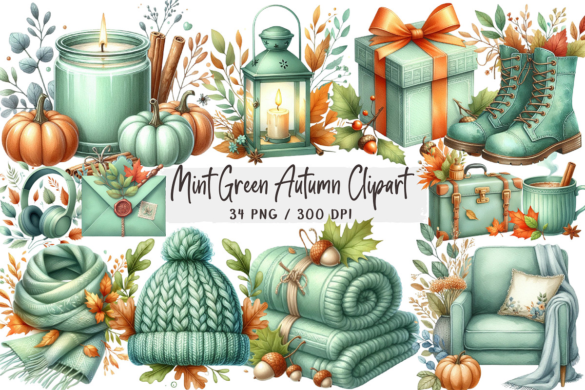 Mint Green Autumn Clipart PNG, an Illustration by DreamArtGraphic (Photo 1 of 4)