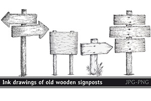 Ink drawings of old wooden signposts, an Object Illustration by javi.ruiz