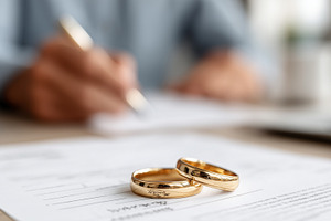 Gold wedding rings resting on papers, a Business Photo by MistyDay