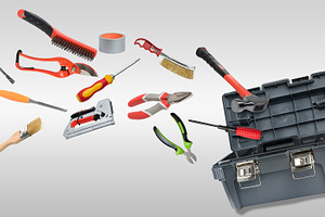 Set of various tools for repair and construction around open pla, an Industrial Photo by ndanko